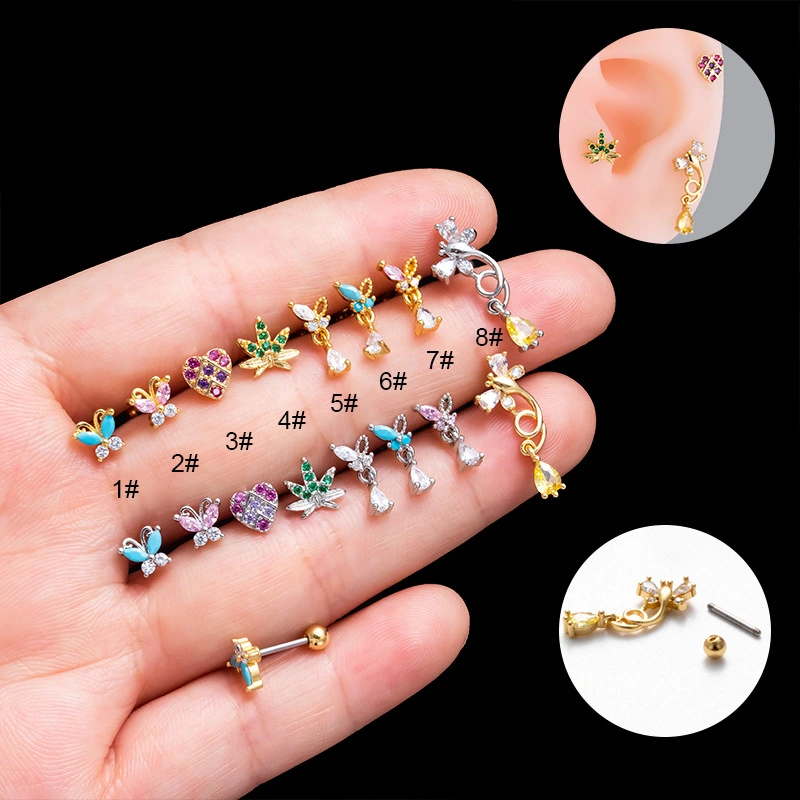 0.8 Rod Stainless Steel Double Head Screw Earring Powder Zirconium Butterfly Love Ear Bone Nail Wholesalers