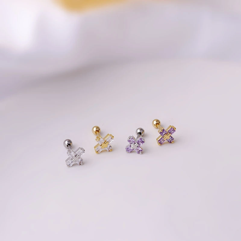 0.8mm Titanium Steel Thin Rod Cross Zirconia Earrings Single Distributor